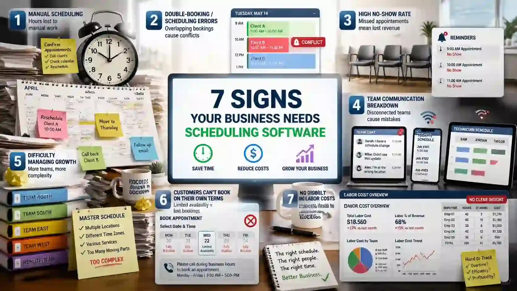 Infographic showing 7 scheduling issues and chaos solved by software.